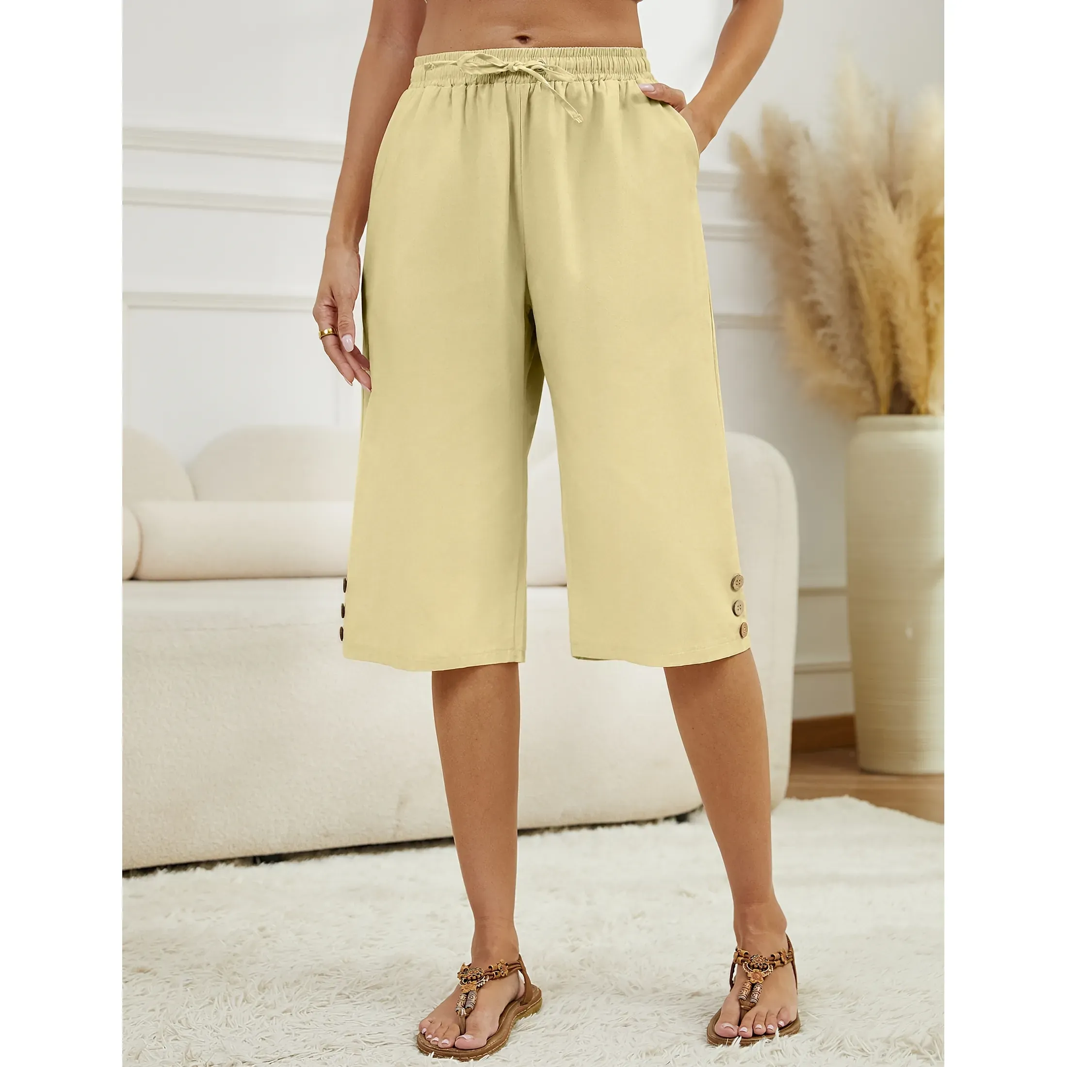 Cotton-Linen Capri Trousers with Drawstring Waist - Apricot, XL (3-Pack)