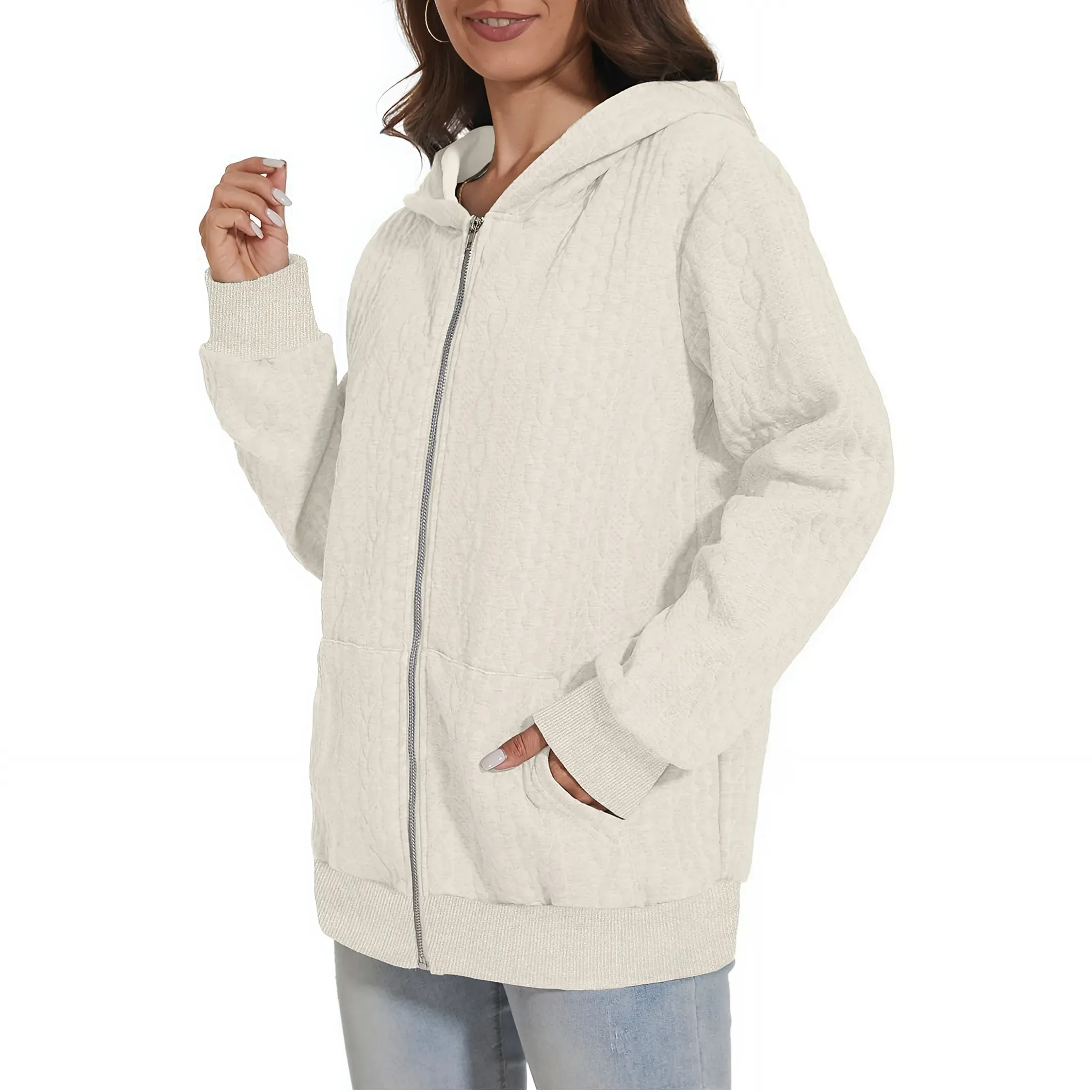 Oversized Zip-Up Hooded Cardigan - Apricot, L