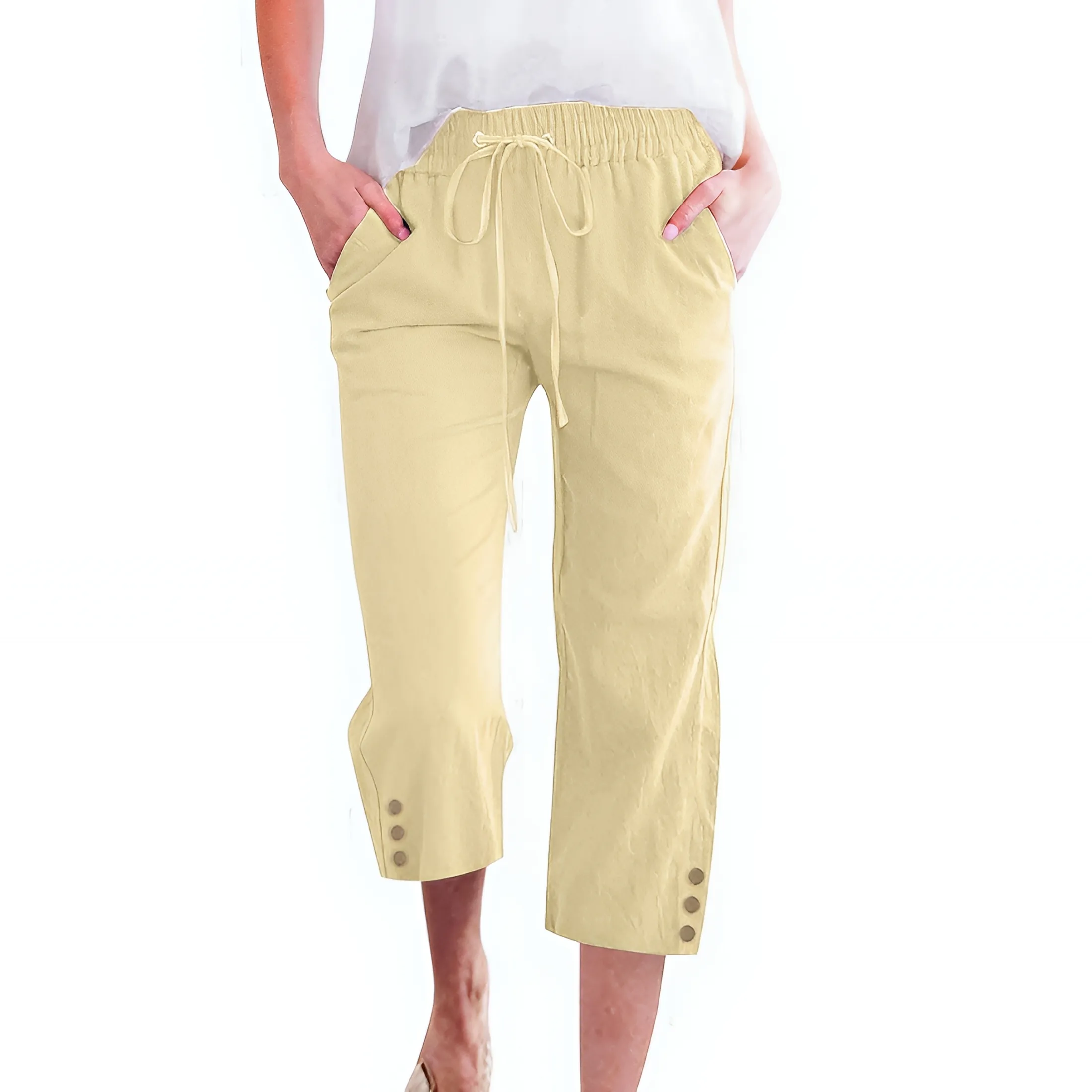 Cotton-Linen Capri Trousers with Drawstring Waist - Apricot, XL (3-Pack)