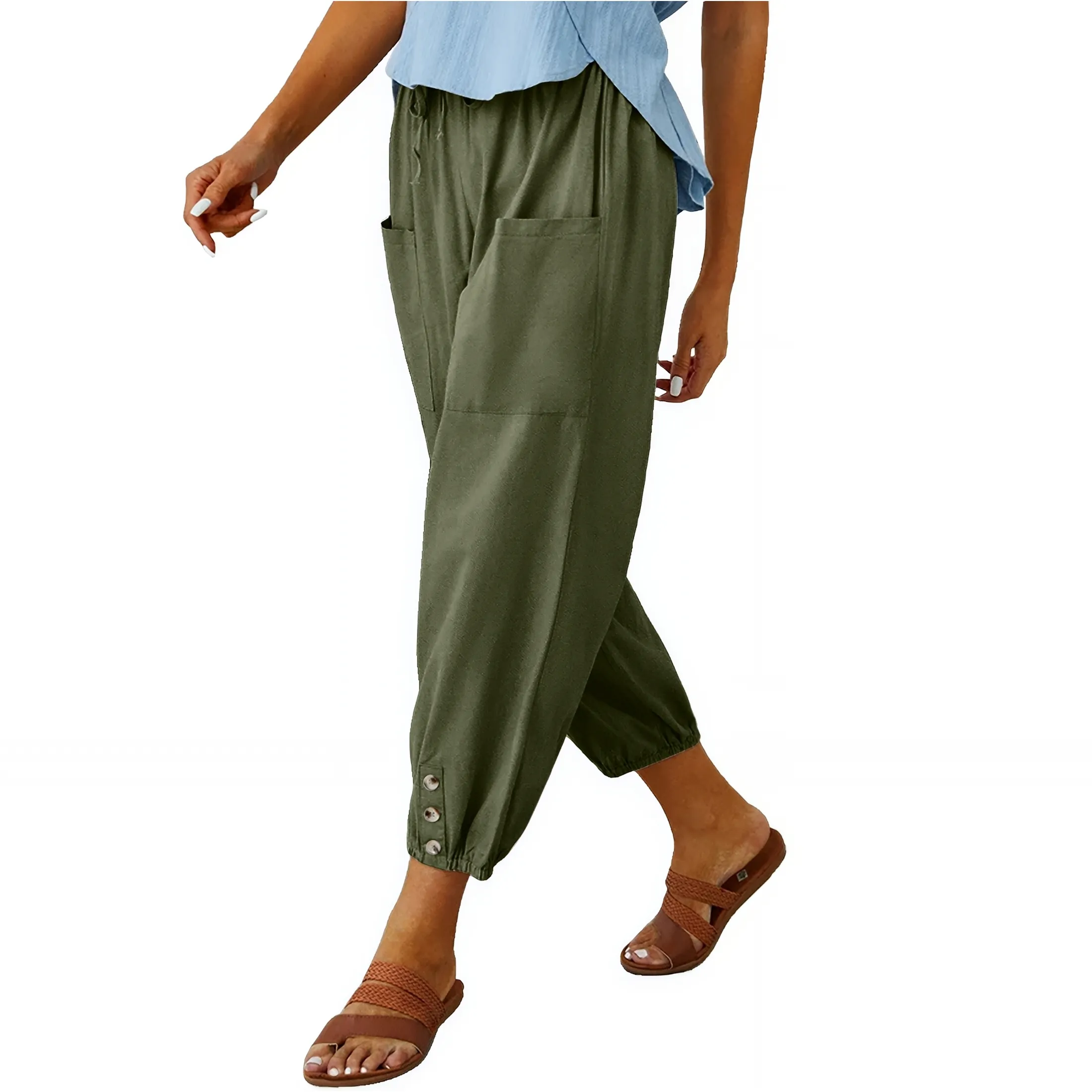 Wide Leg Cropped Trousers with Pockets - Army Green, 2XL (2-Pack)