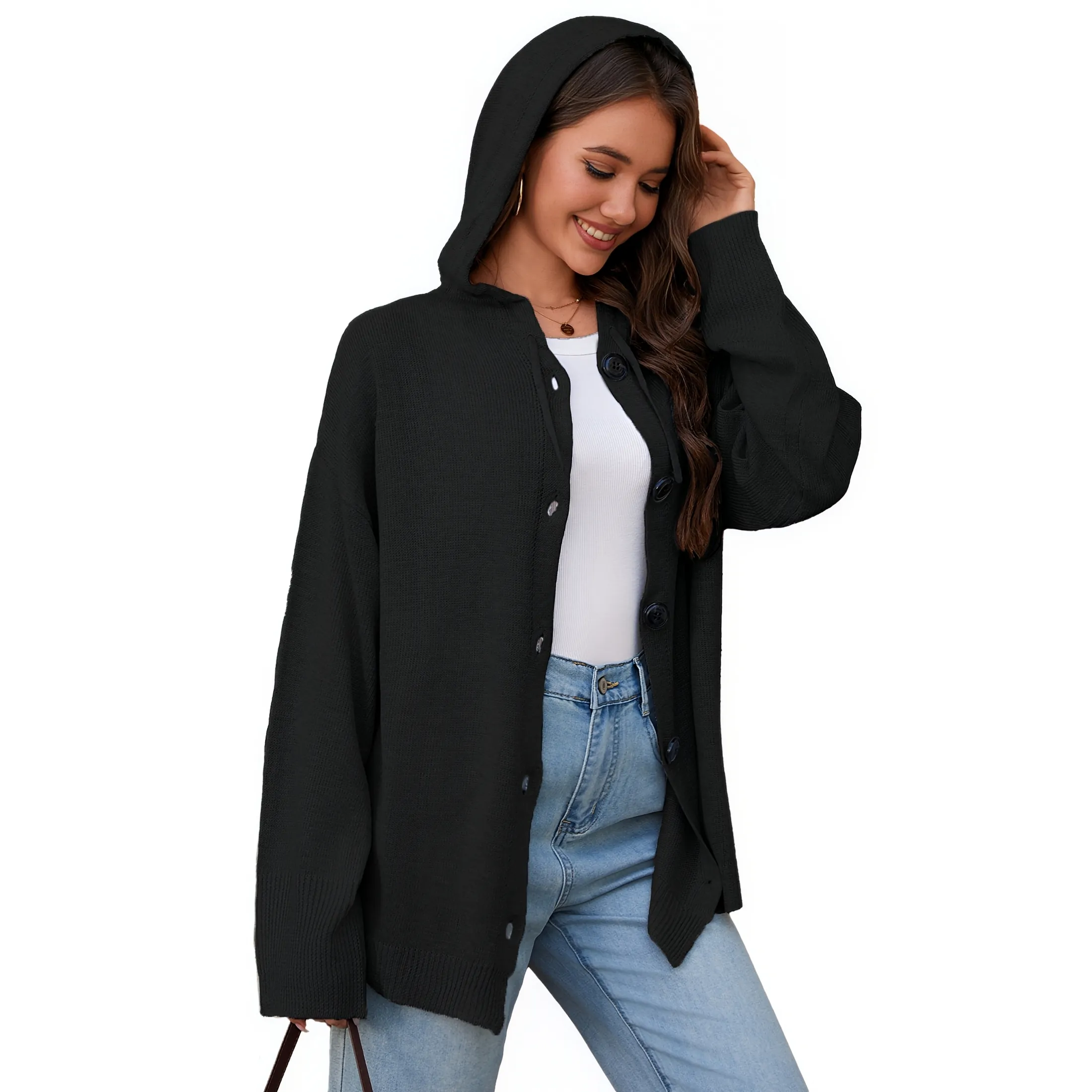 Button-Front Hooded Knit Cardigan - Black, 2XL